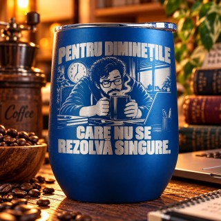 Termos tip Pahar Vin Albastru 360 ml „Pentru Diminețile Care Nu Se Rezolvă Singure”