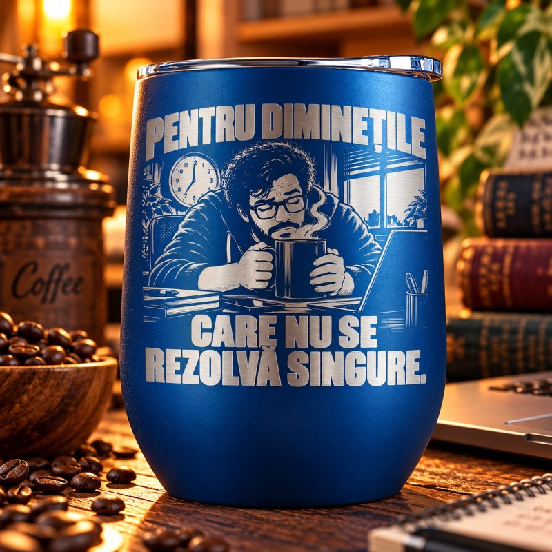 Termos tip Pahar Vin Albastru 360 ml „Pentru Diminețile Care Nu Se Rezolvă Singure”