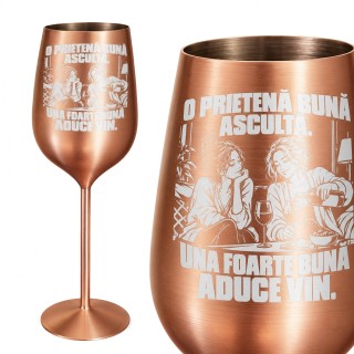 Pahar inox pentru Vin Rose Satin 380 ml „O Prietenă Bună Aduce Vin”
