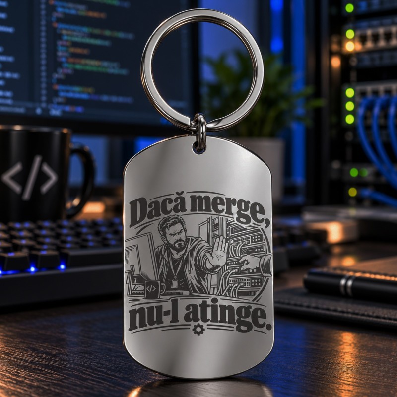 Breloc Army Argintiu Gravat „Dacă Merge, Nu-l Atinge” | Cadou IT