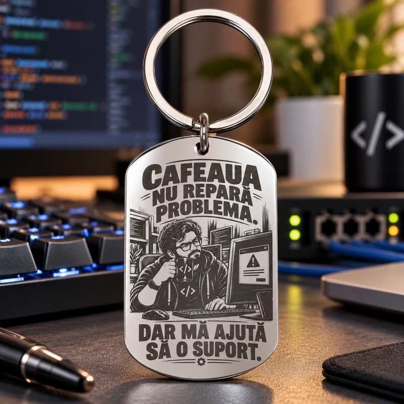                  Breloc Army Argintiu Gravat „Cafeaua Nu Repară Problema” | Cadou IT
               