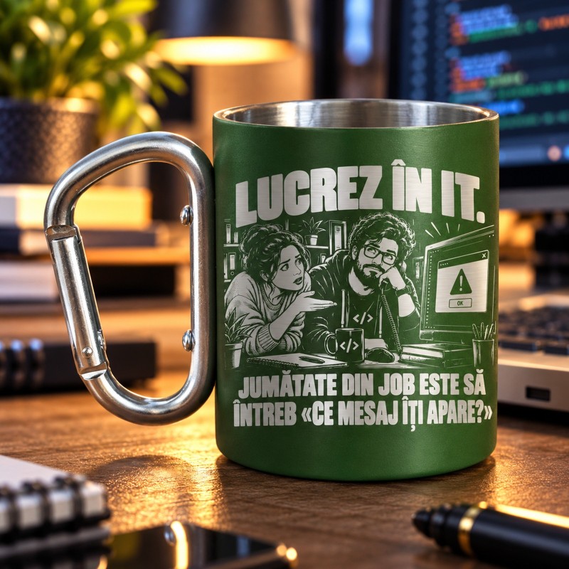 Cană Inox cu Carabinieră Verde 200 ml „Lucrez în IT” | Cadou Helpdesk