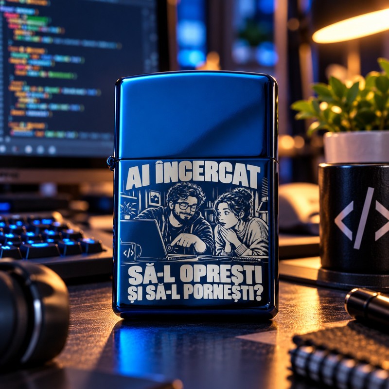                  Brichetă Metalică Albastră Gravată „Ai Încercat Să-l Oprești?” | Cadou IT
               