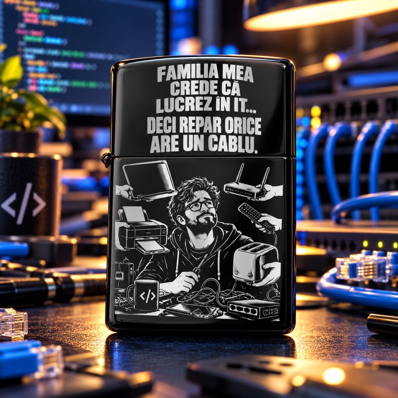 Brichetă Neagră Gravată „Familia Mea Crede Că Lucrez în IT” | Cadou IT