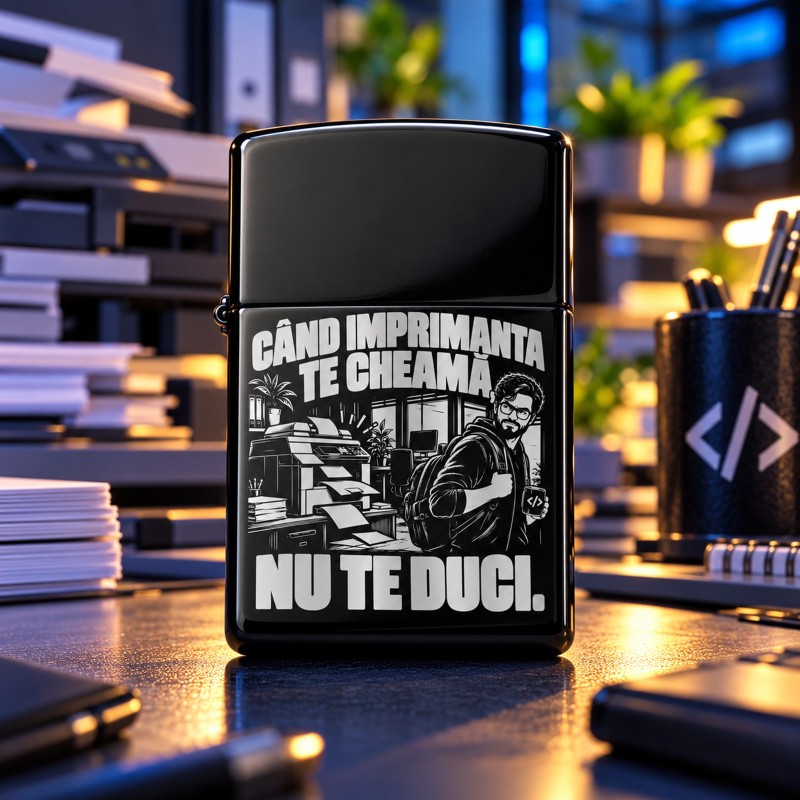 Brichetă Neagră Gravată „Când Imprimanta Te Cheamă” | Cadou IT