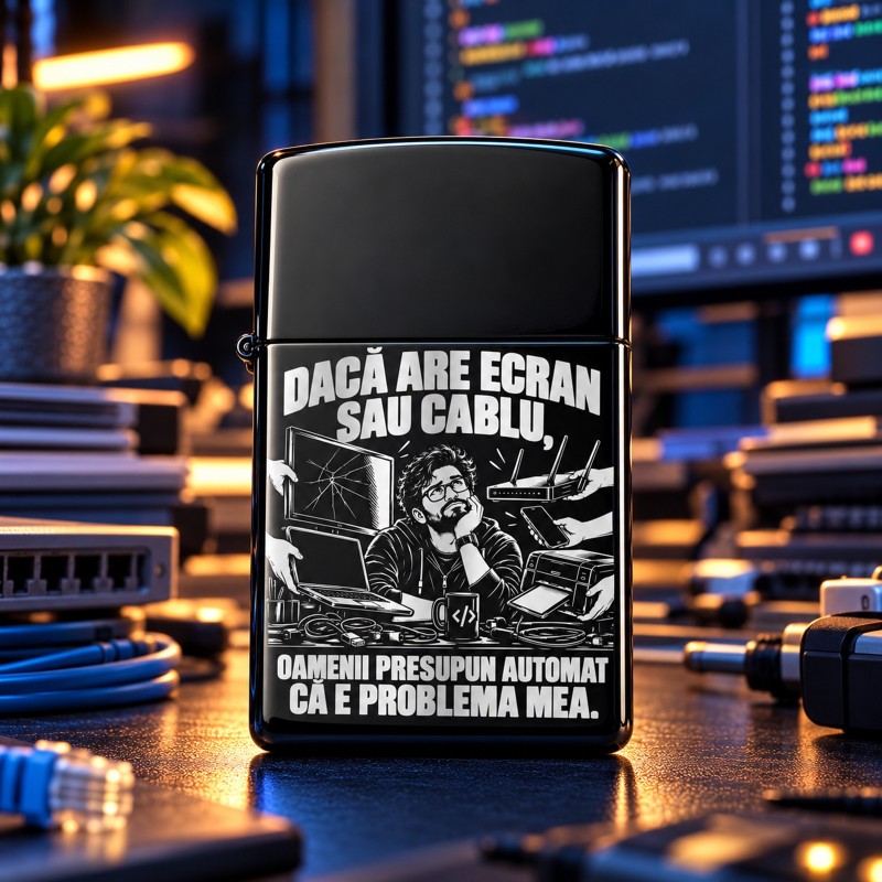                  Brichetă Neagră Gravată „Dacă Are Ecran sau Cablu” | Cadou IT
               