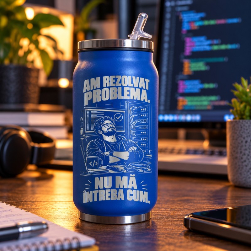                  Termos Tip Doză Albastru 250 ml „Am Rezolvat Problema” | Cadou IT
               