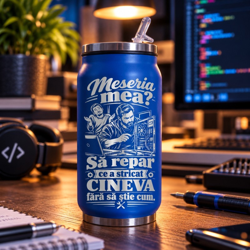                  Termos Tip Doză Albastru 250 ml „Meseria Mea?” | Cadou IT
               