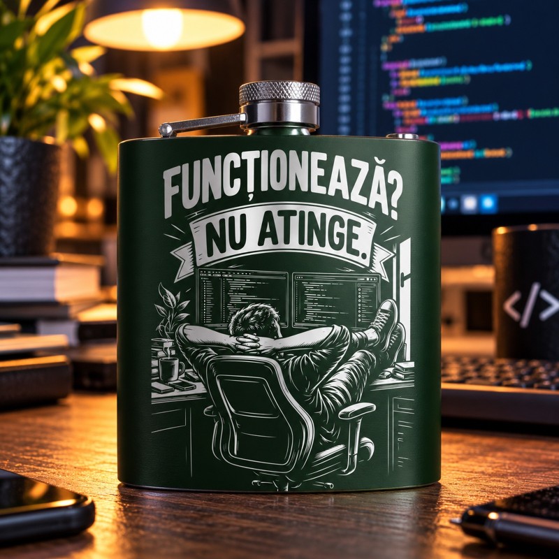 Ploscă Inox Verde 200 ml „Funcționează? Nu Atinge.” | Cadou IT