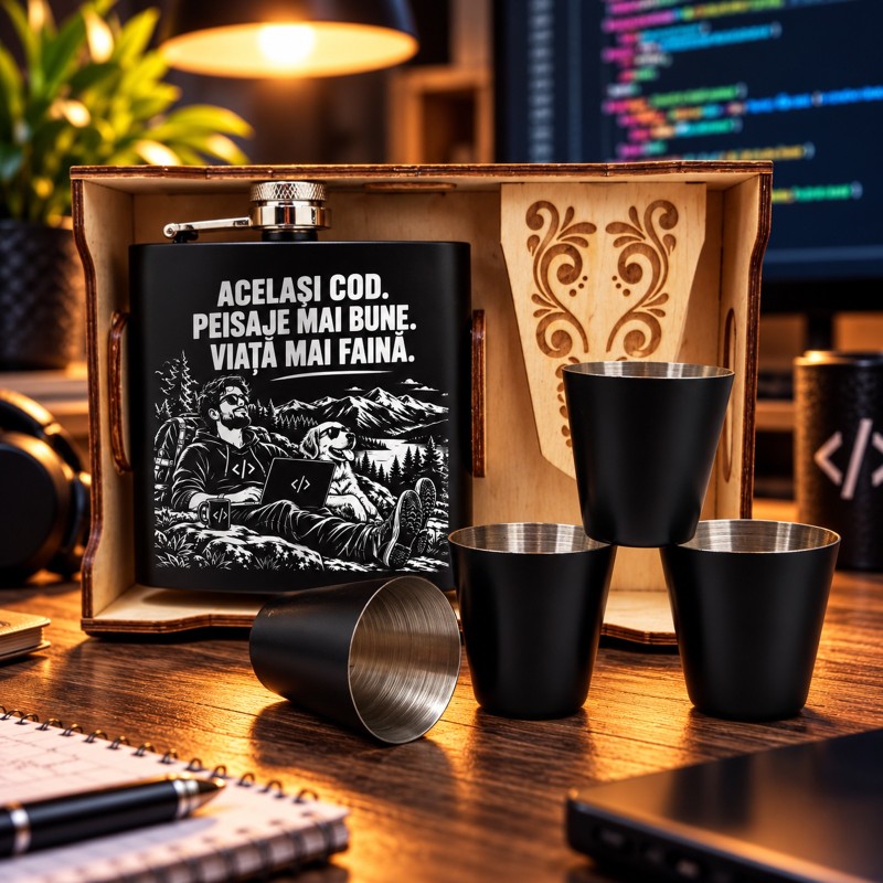 Set Ploscă Inox Neagră 200 ml cu 4 Pahare „Același Cod” | Cadou IT