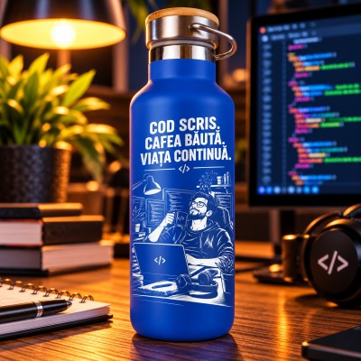 Termos Inox Albastru 500 ml „Cod Scris. Cafea Băută.” | Cadou IT