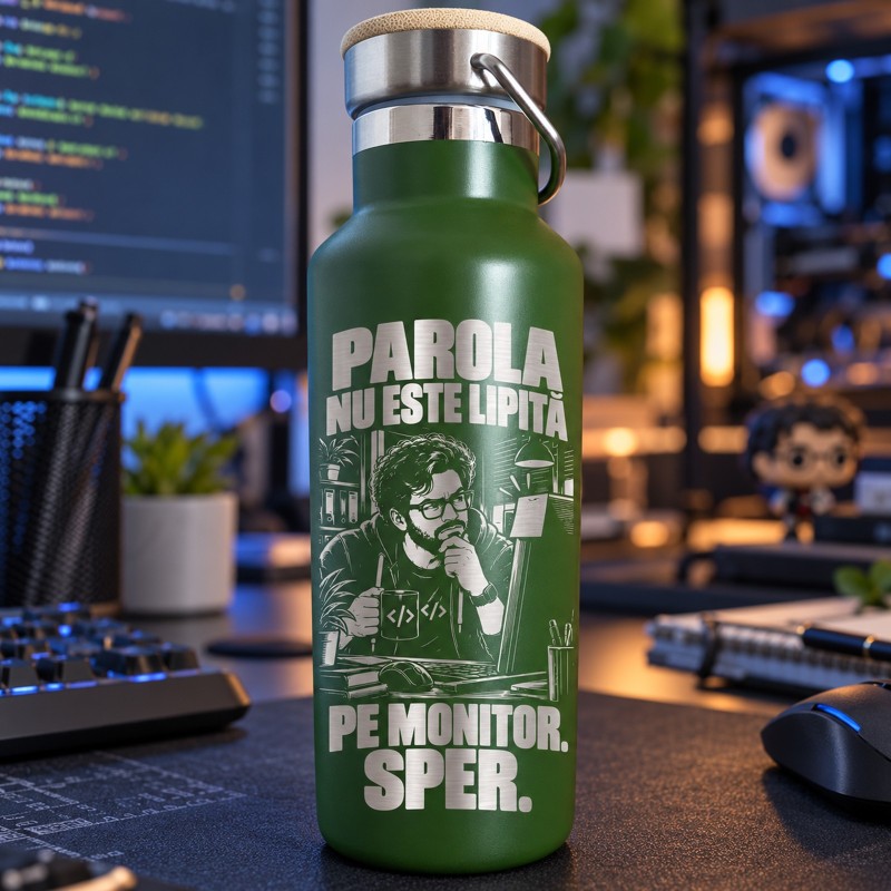 Termos Inox Verde 500 ml „Parola Nu Este Lipită pe Monitor” | IT