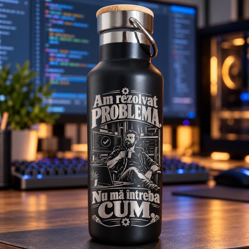                  Termos Inox Negru 500 ml „Am Rezolvat Problema” | Cadou IT
               