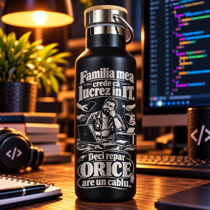                  Termos Inox Negru 500 ml „Familia Mea Crede Că Lucrez în IT” | Cadou IT
               