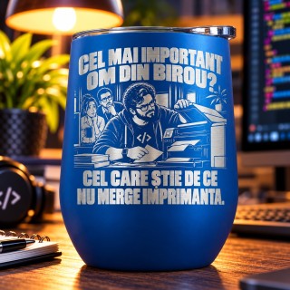 Termos Tip Pahar Vin Albastru 360 ml „Cel Mai Important Om din Birou” | IT