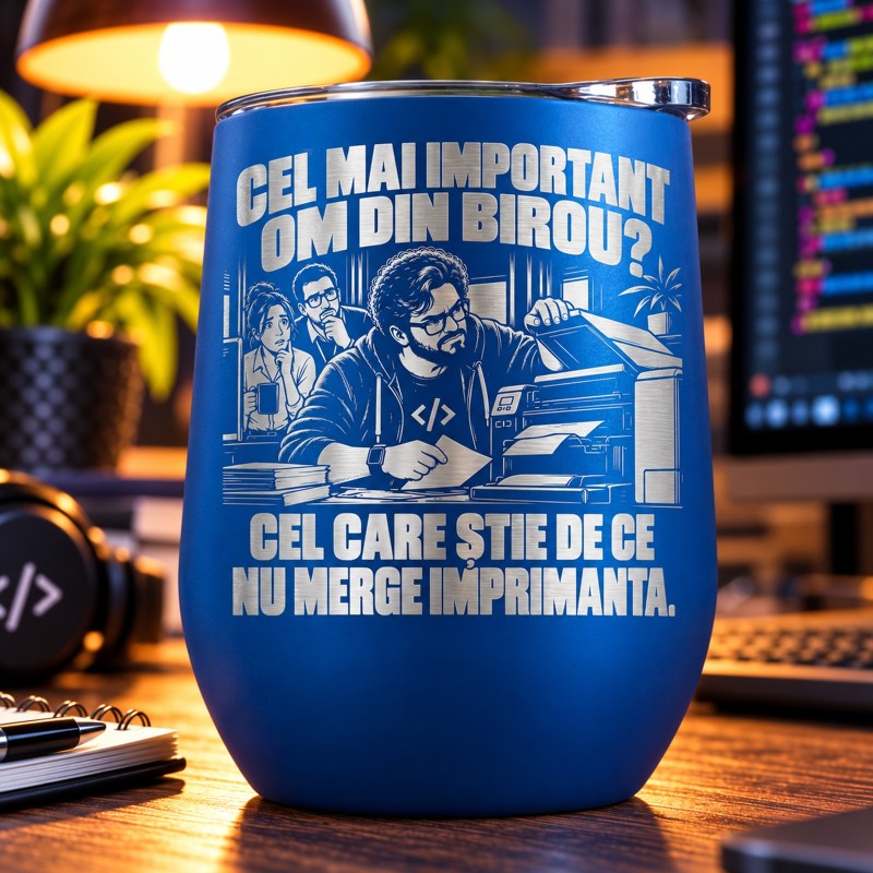 Termos Tip Pahar Vin Albastru 360 ml „Cel Mai Important Om din Birou” | IT