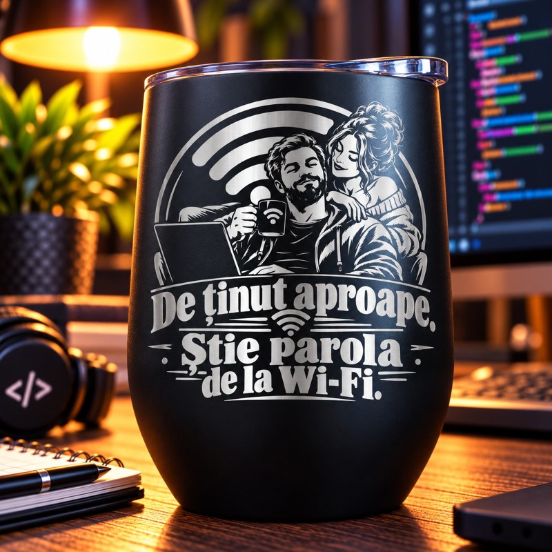 Termos Tip Pahar Vin Negru 360 ml „Știe Parola de la Wi-Fi” | Cadou IT
