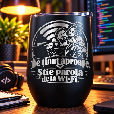 Termos Tip Pahar Vin Negru 360 ml „Știe Parola de la Wi-Fi” | Cadou IT