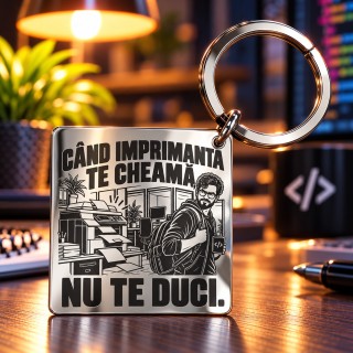 Breloc Pătrat Inox Gravat „Când Imprimanta Te Cheamă” | Cadou IT