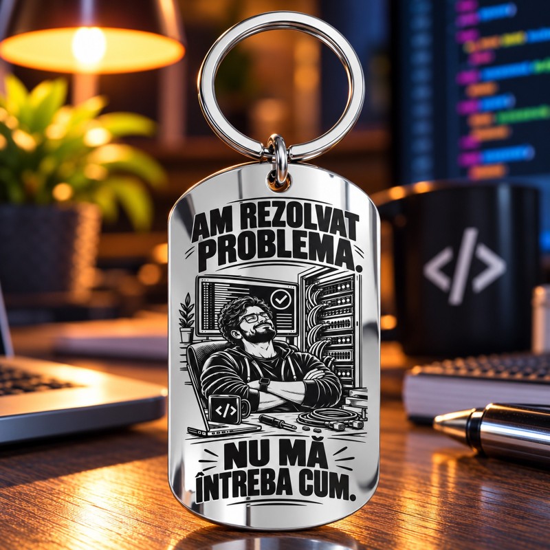 Breloc Army Inox Argintiu „Am Rezolvat Problema” | Cadou IT