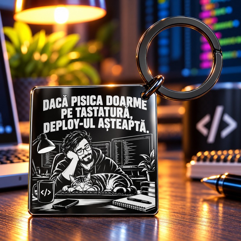                 Breloc Pătrat Inox Negru „Pisica Doarme, Deploy-ul Așteaptă” | Cadou IT
               