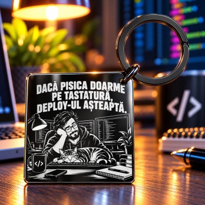 Breloc Pătrat Inox Negru „Pisica Doarme, Deploy-ul Așteaptă” | Cadou IT