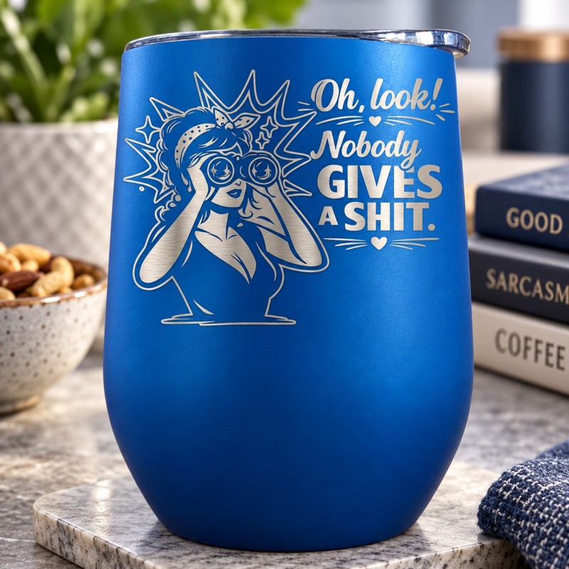                  Termos Tip Pahar Vin Albastru 360 ml „Nobody Gives a Shit” | Cadou Amuzant
               