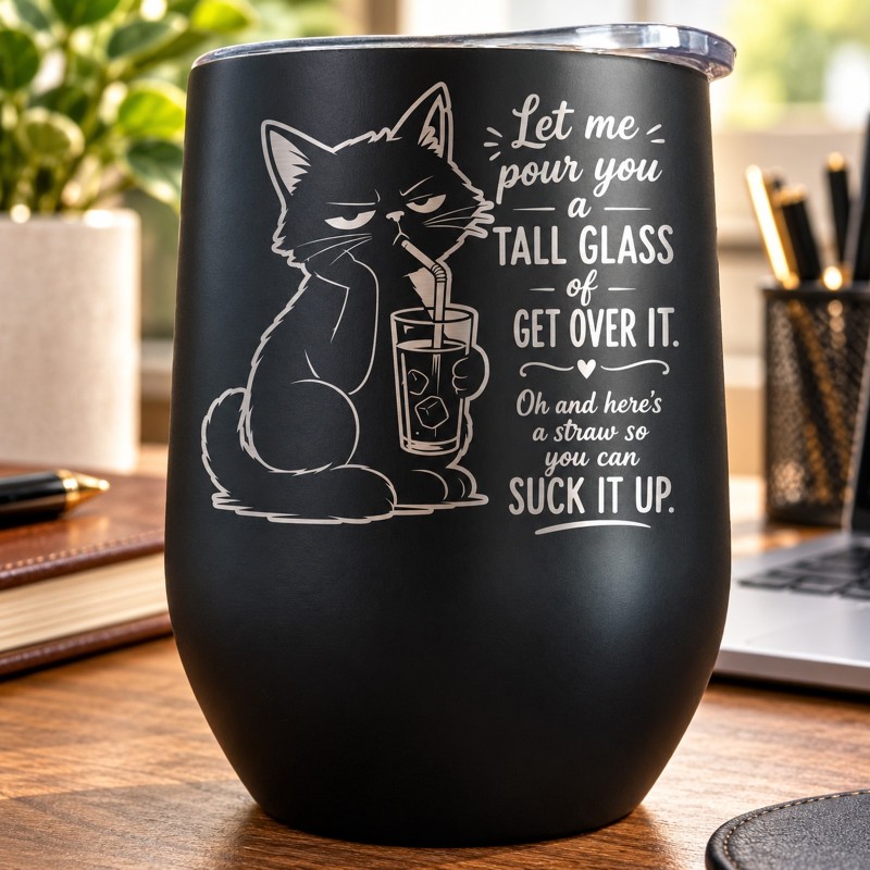                  Termos Tip Pahar Vin Negru 360 ml „Get Over It” | Cadou Sarcastic
               