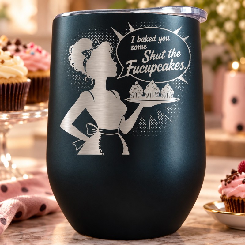 Termos Tip Pahar Vin Negru 360 ml „Shut the Fucupcakes” | Cadou Sarcasm