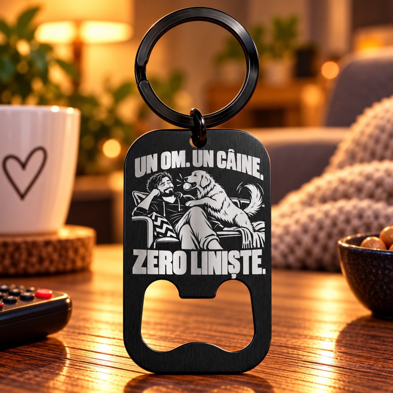                  Breloc cu Desfăcător „Un Om. Un Câine. Zero Liniște” | Giftopolis
               