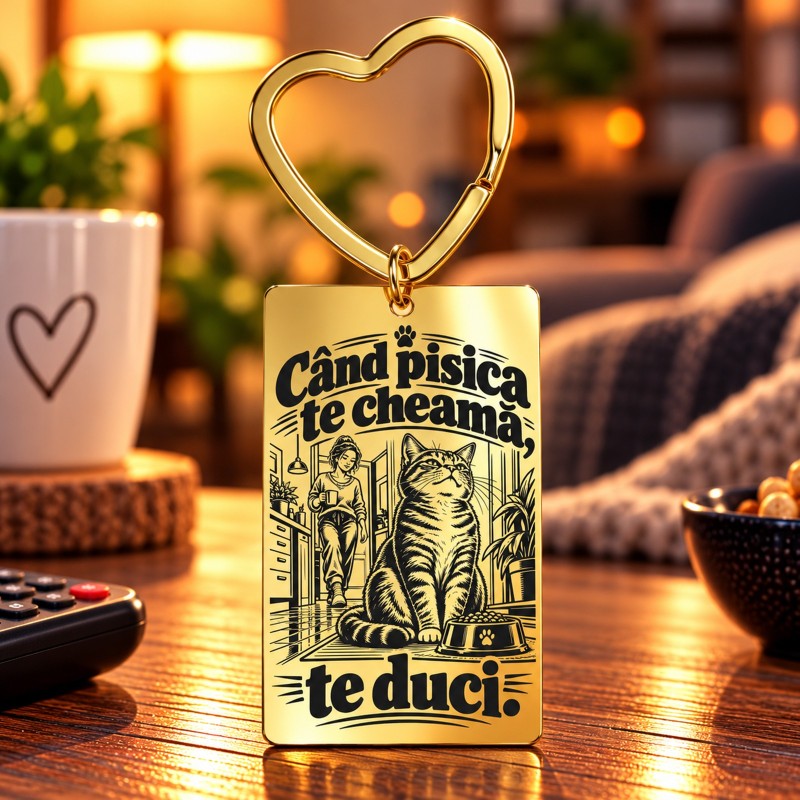 Breloc Gold Plated Inimă „Când Pisica Te Cheamă” | Giftopolis