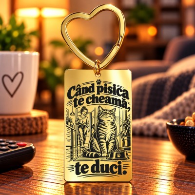 Breloc Gold Plated Inimă „Când Pisica Te Cheamă” | Giftopolis