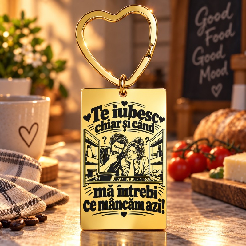                  Breloc Gold Plated Inimă „Ce Mâncăm Azi?” | Giftopolis
               