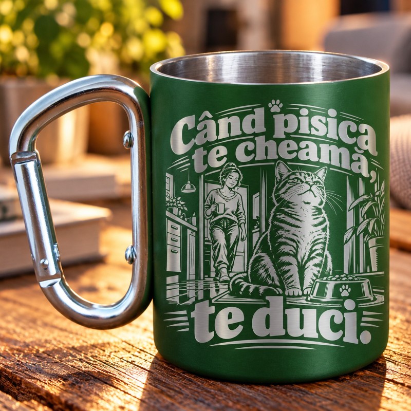 Cană Inox Verde „Când Pisica Te Cheamă” | Giftopolis