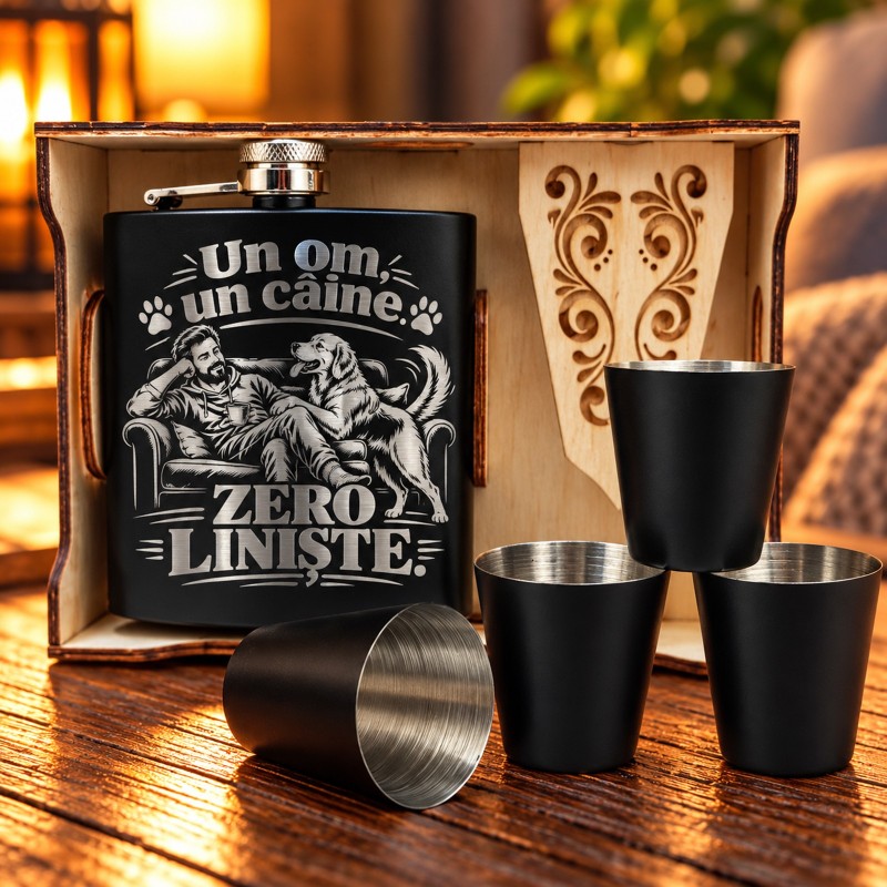                  Set Ploscă 200 ml cu Pahare „Un Om, Un Câine” | Giftopolis
               