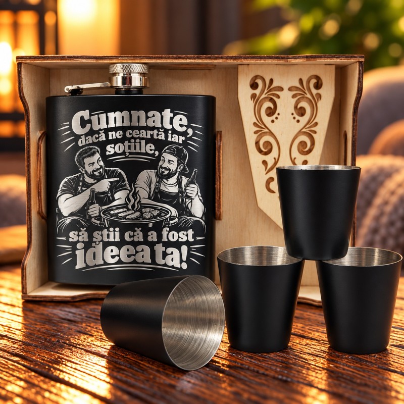                  Set Ploscă 200 ml cu 4 Pahare „Cumnate, A Fost Ideea Ta!” | Giftopolis
               