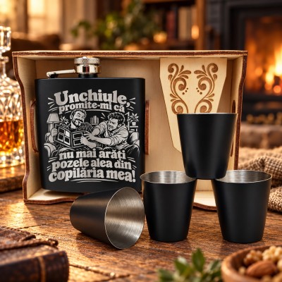 Set Ploscă 200 ml cu Pahare „Unchiule, Pozele din Copilărie” | Giftopolis