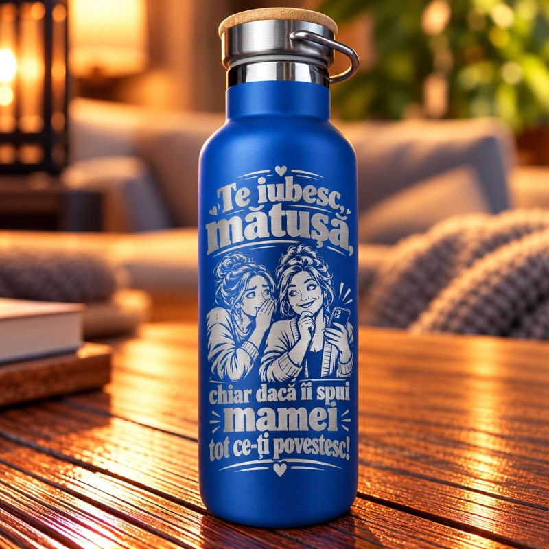 Termos Albastru 500 ml „Mătușă, Îi Spui Mamei Tot” | Giftopolis