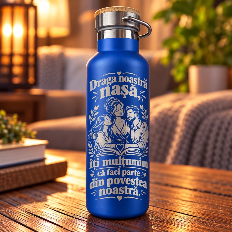                  Termos Albastru 500 ml „Dragă Nașă, Îți Mulțumim” | Giftopolis
               