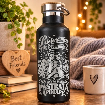 Termos Negru 500 ml „Prietena Mea Știe Prea Multe” | Giftopolis