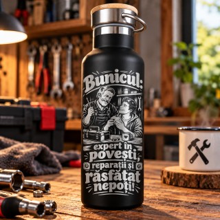 Termos Negru 500 ml „Bunicul, Expert în Povești și Reparații” | Giftopolis