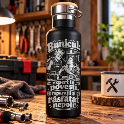 Termos Negru 500 ml „Bunicul, Expert în Povești și Reparații” | Giftopolis
