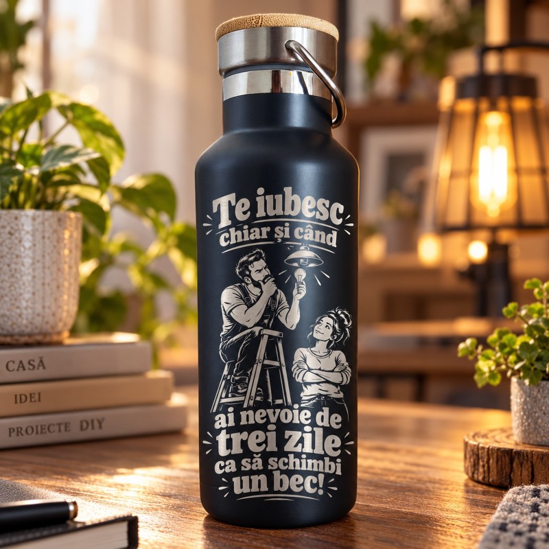 Termos Negru 500 ml „Trei Zile ca să Schimbi un Bec” | Giftopolis