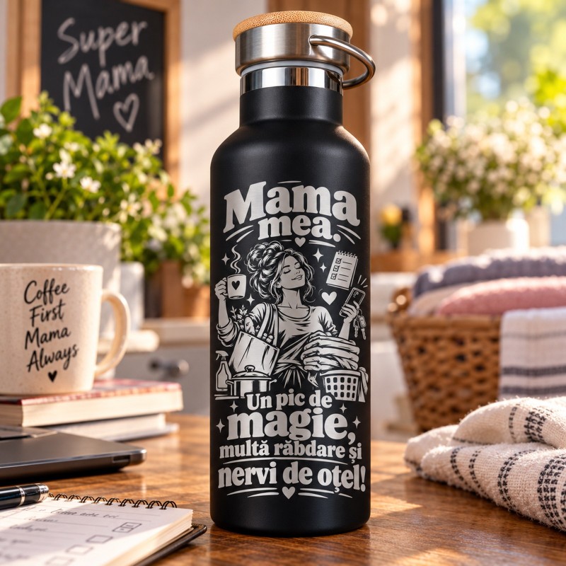                  Termos Negru 500 ml „Mama Mea, Nervi de Oțel” | Giftopolis
               