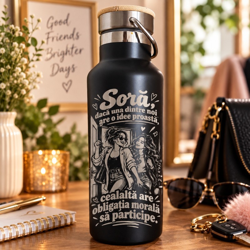                  Termos Negru 500 ml „Soră, Ideile Proaste Se Fac Împreună” | Giftopolis
               