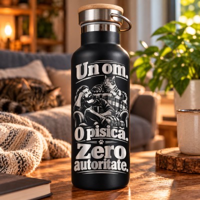 Termos Negru 500 ml „Un Om, O Pisică, Zero Autoritate” | Giftopolis