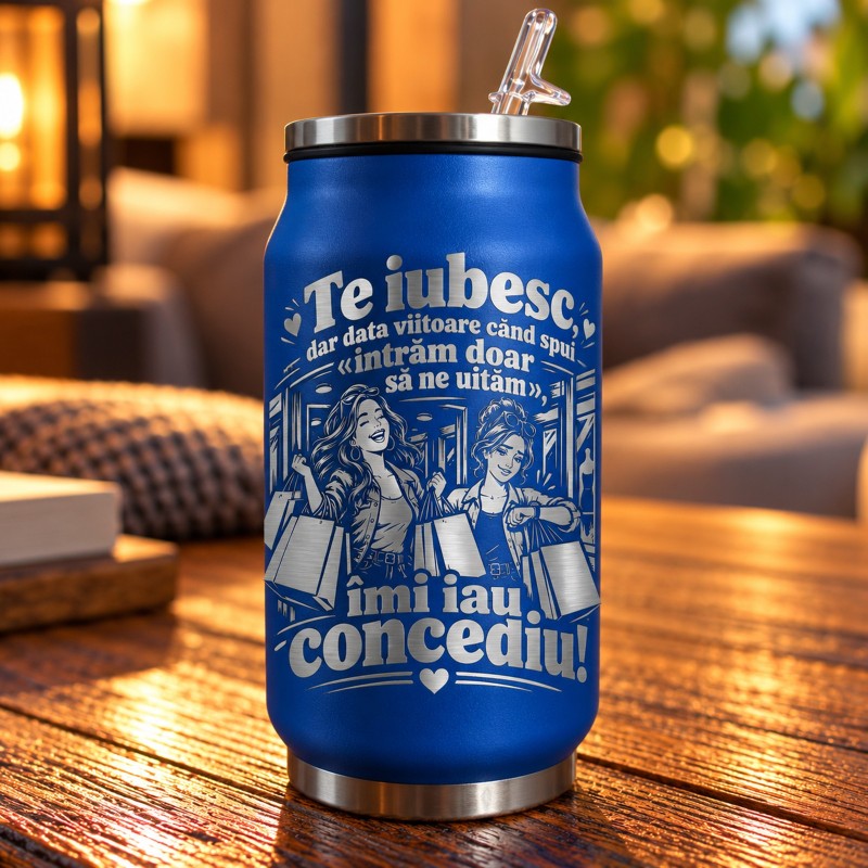                 Termos Tip Doză Albastru 250 ml „Îmi Iau Concediu de la Shopping” | Giftopolis
               