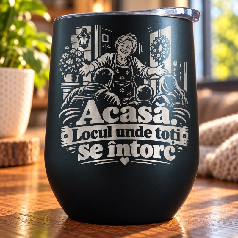                  Termos Tip Pahar Vin Negru 360 ml „Acasă, Locul Unde Toți Se Întorc” | Giftopolis
               