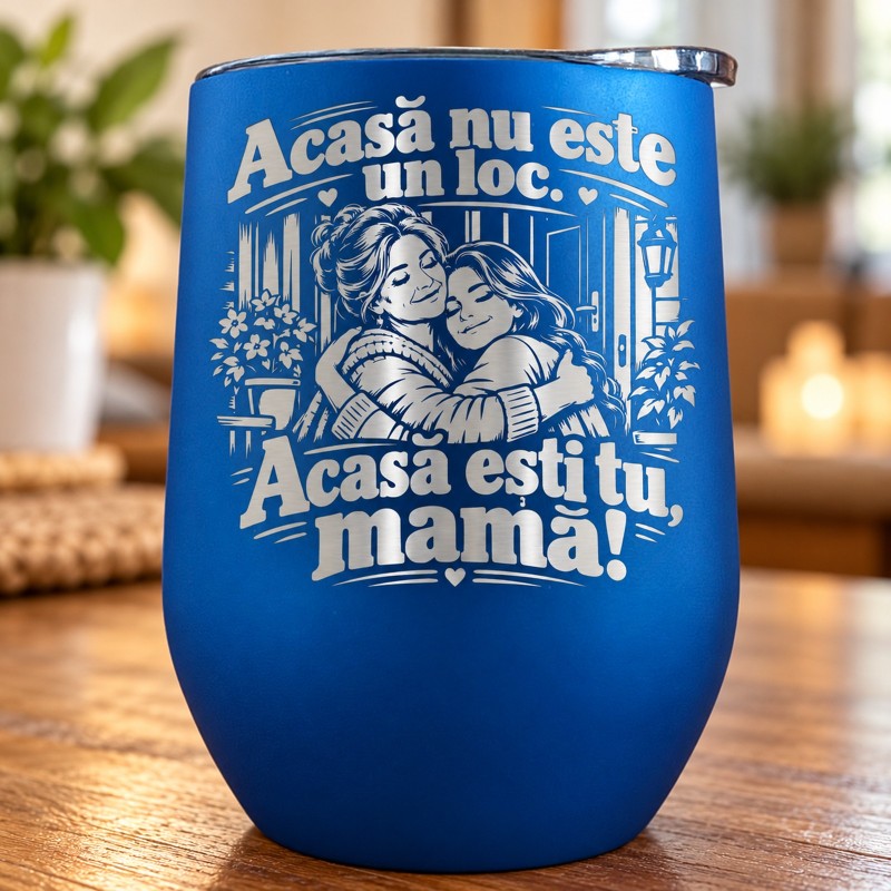                  Termos Tip Pahar Vin Albastru 360 ml „Acasă Ești Tu, Mamă!” | Giftopolis
               