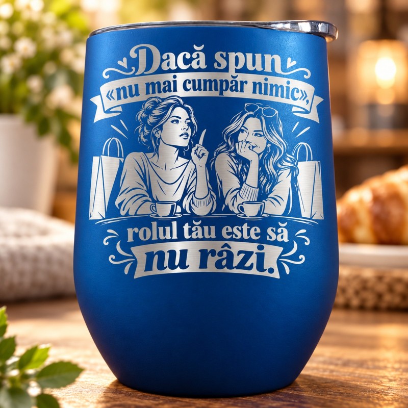                  Termos Tip Pahar Vin Albastru 360 ml „Nu Mai Cumpăr Nimic” | Giftopolis
               